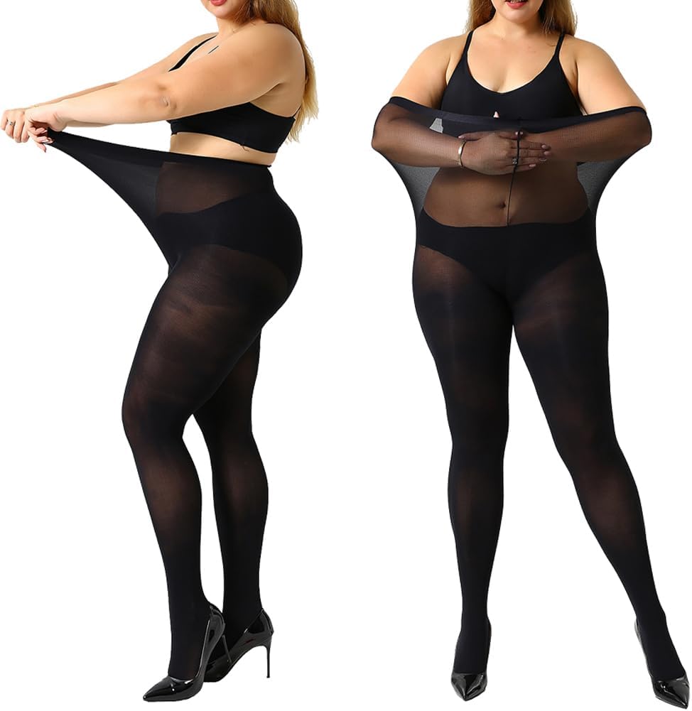 MANZI Women's 2 Pairs Control Top Pantyhose High Waist Plus Size Tights Ultra-Soft