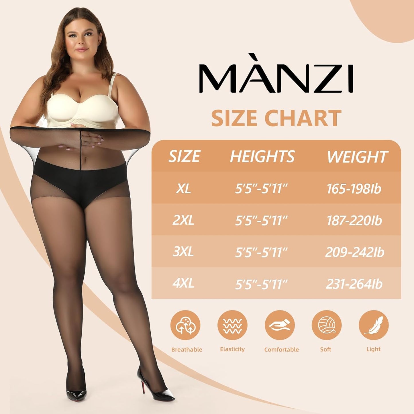 MANZI Women's Plus Size Pantyhose 4 Pairs Sheer Nylon Tights