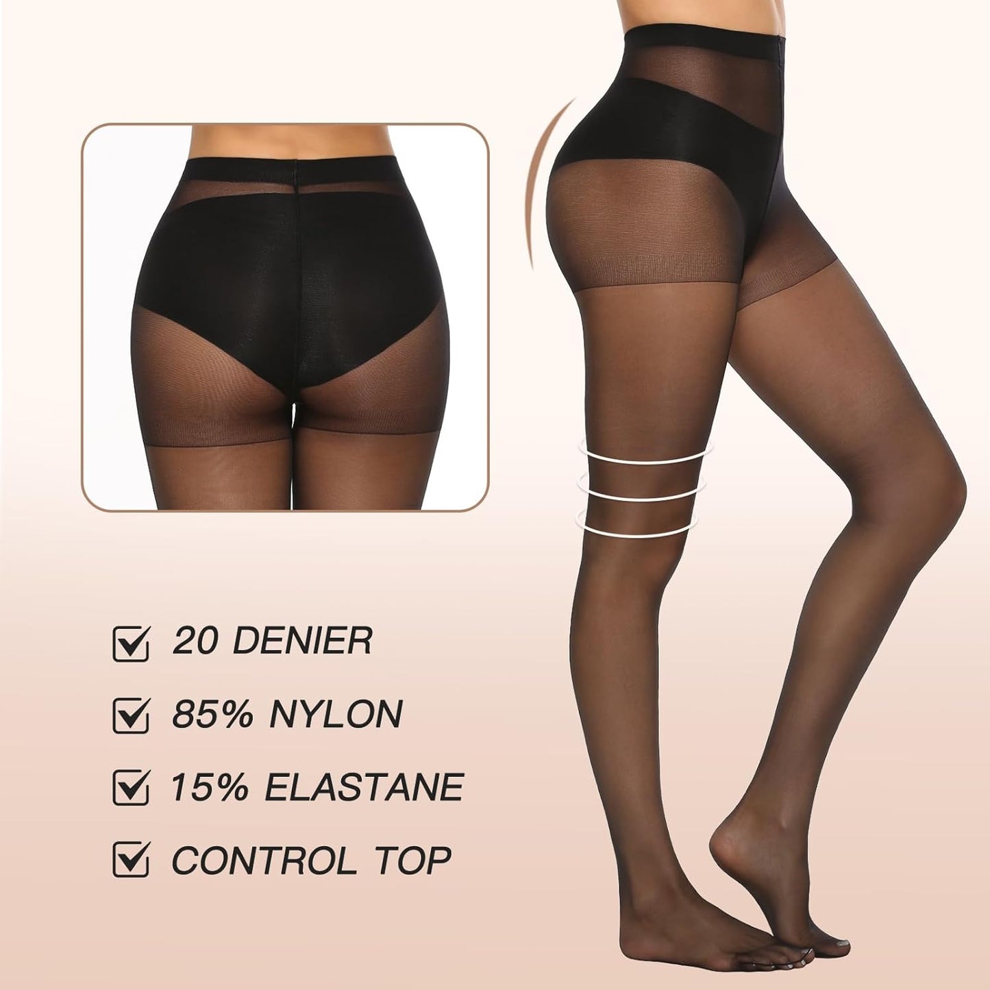 MANZI 6 Pairs 20D Women's Sheer Tights