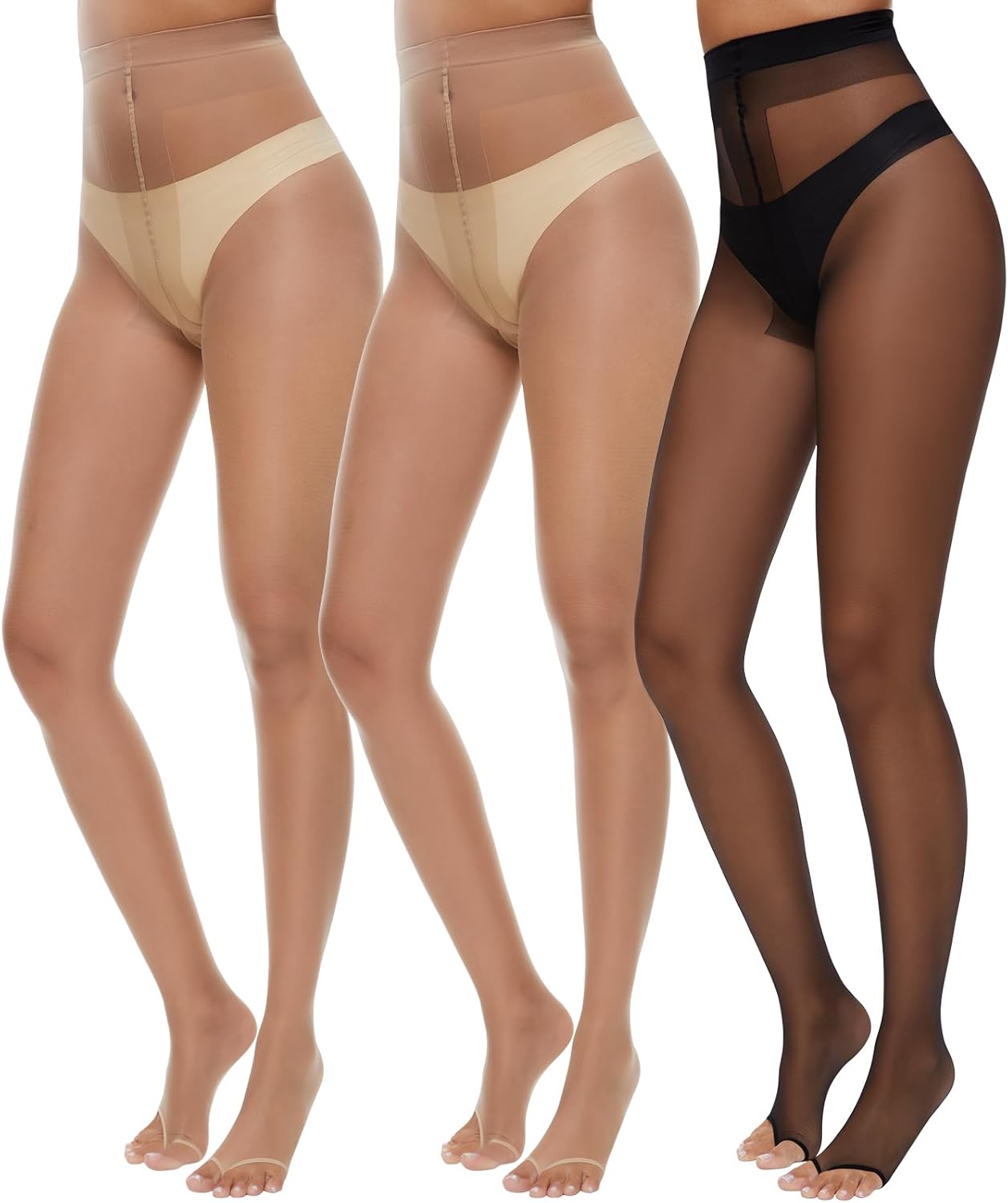 MANZI 3 Pairs Toeless Pantyhose Tights for Women Ultra Thin 10D Toe Open Control Top Pantyhose