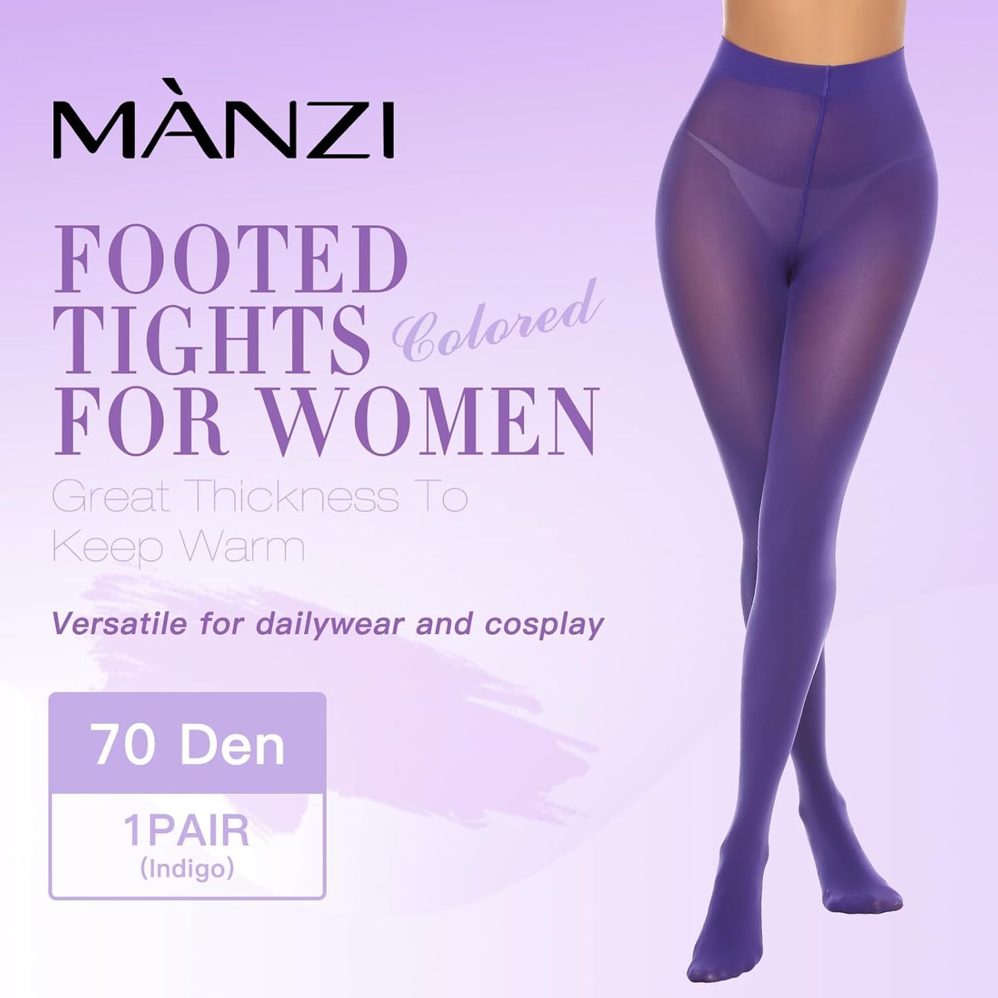 MANZI Women's Solid Color Semi Opaque Footed Tights Soft Stretch Pantyhose
