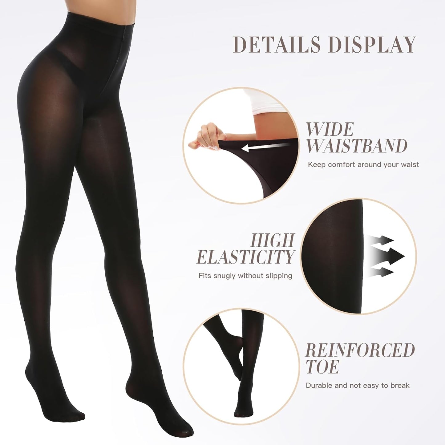 MANZI Women's Solid Color Semi Opaque Footed Tights Soft Stretch Pantyhose