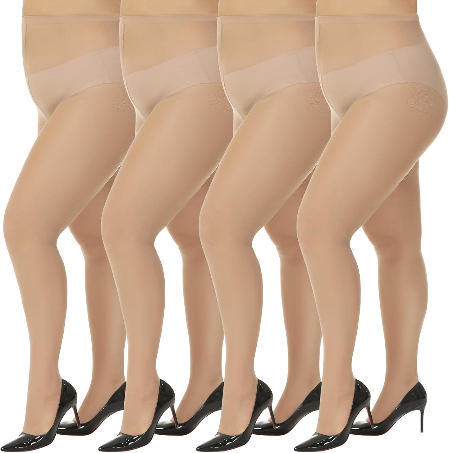 MANZI Women's Plus Size Pantyhose 4 Pairs Sheer Nylon Tights