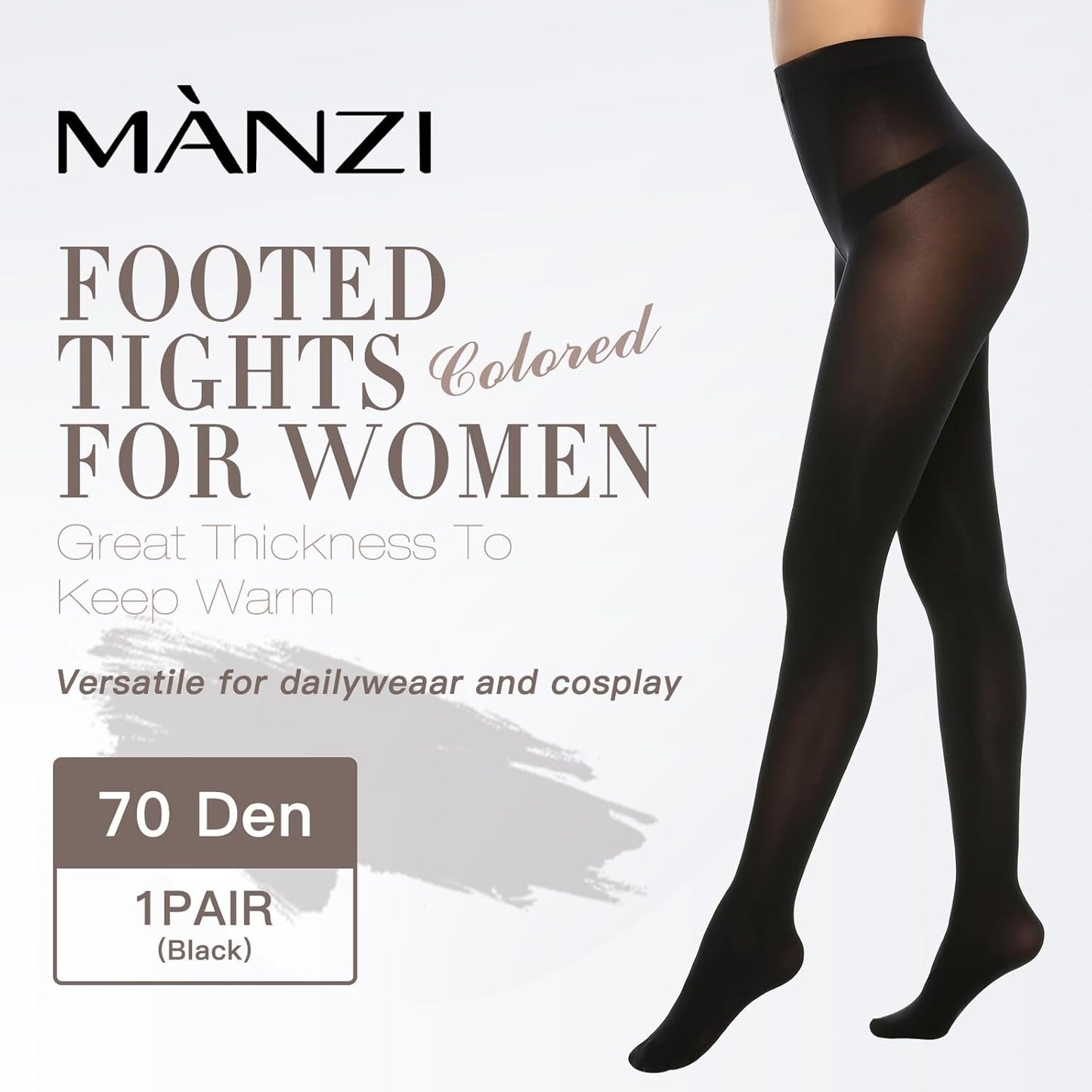 MANZI Women's Solid Color Semi Opaque Footed Tights Soft Stretch Pantyhose
