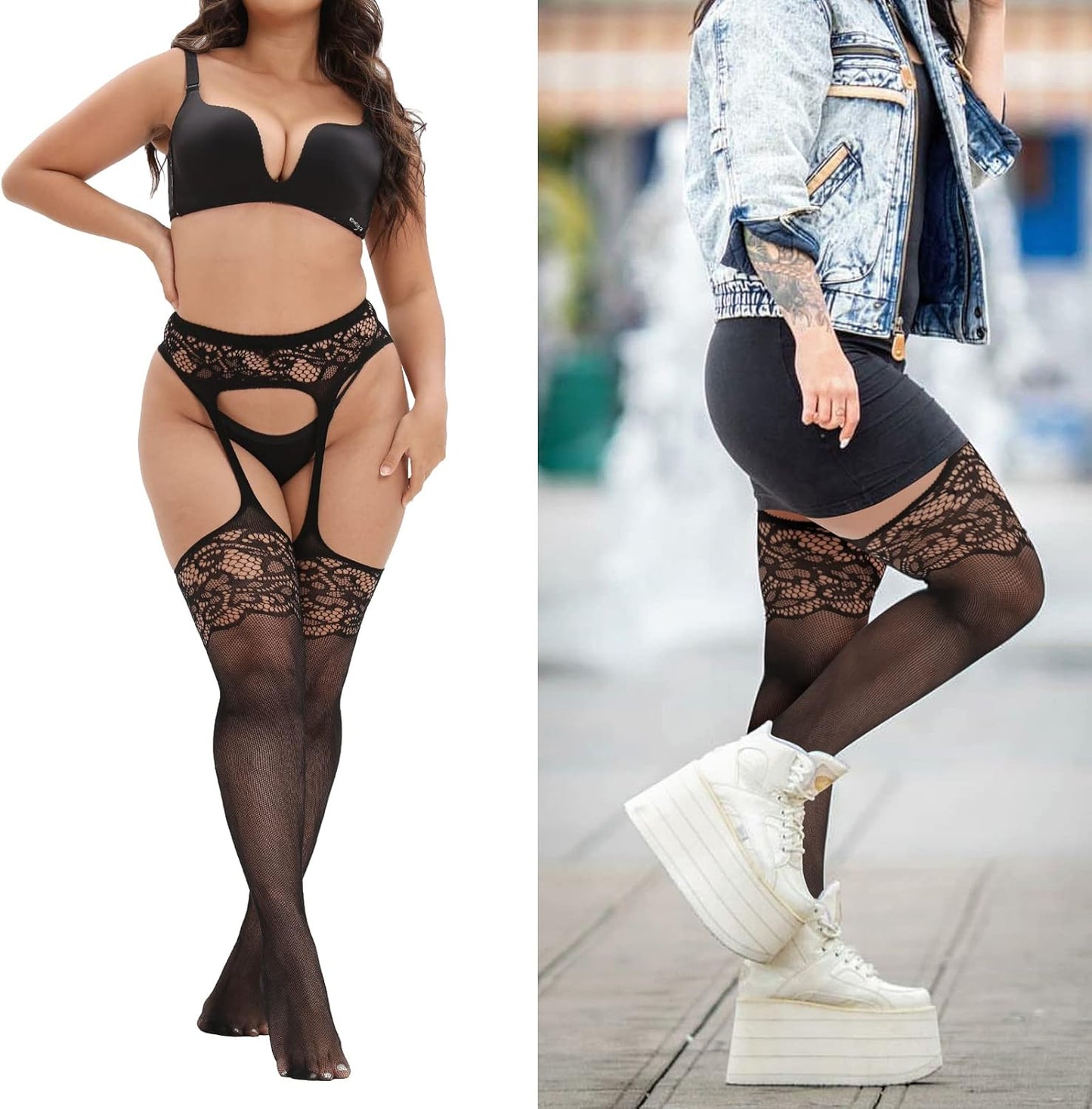 MANZI Plus Size Thigh High Stockings Womens Suspender