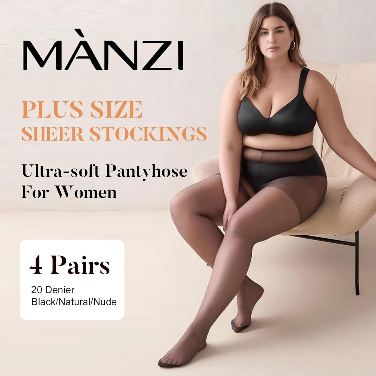 MANZI Women's Plus Size Pantyhose 4 Pairs Sheer Nylon Tights