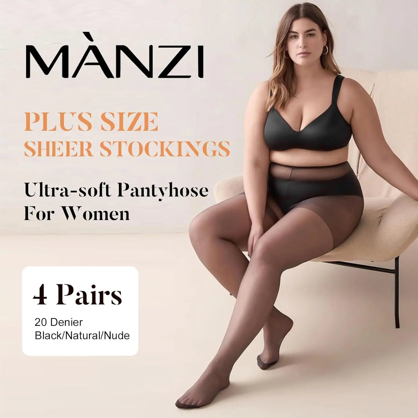 MANZI Women's Plus Size Pantyhose 4 Pairs Sheer Nylon Tights My Store