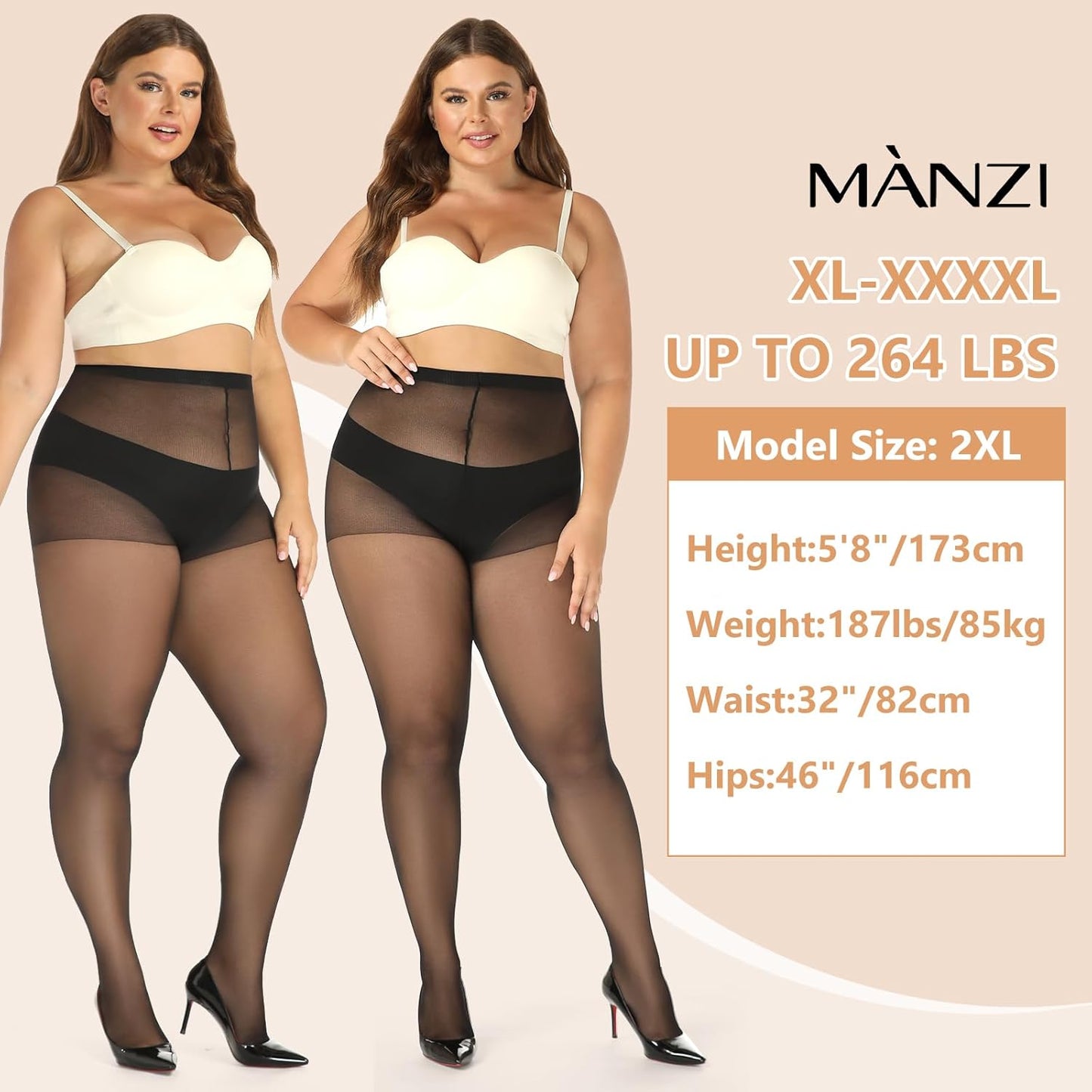 MANZI Women's Plus Size Pantyhose 4 Pairs Sheer Nylon Tights
