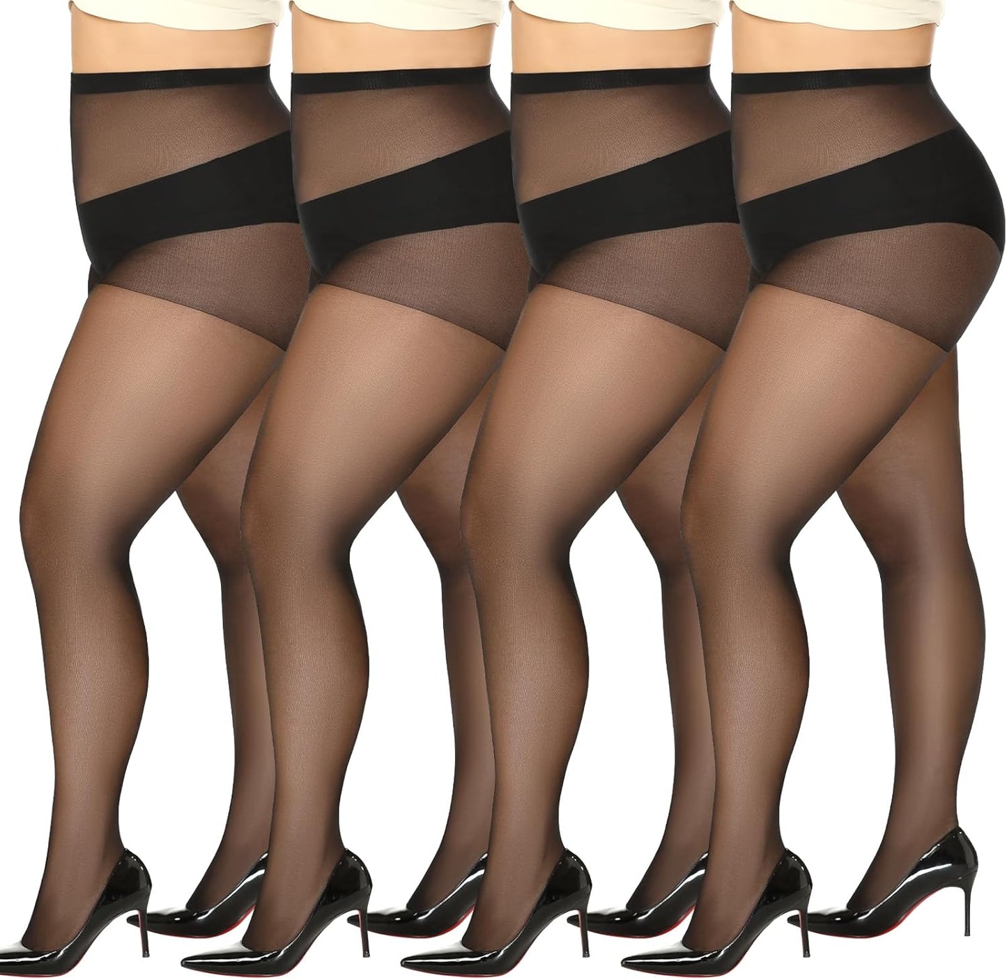 MANZI Women's Plus Size Pantyhose 4 Pairs Sheer Nylon Tights