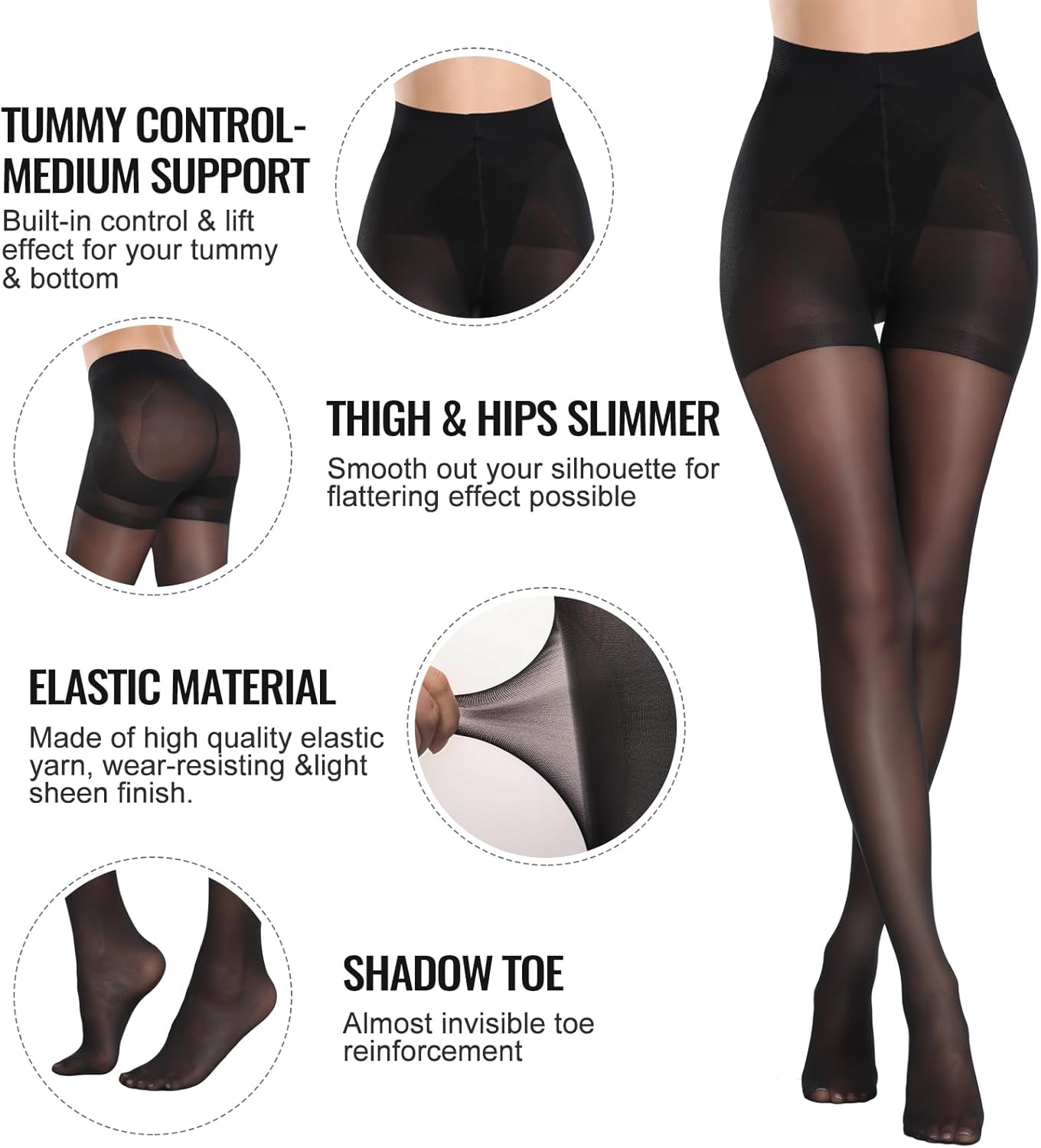 MANZI Women's Control Top Pantyhose Sheer Tights Tummy
