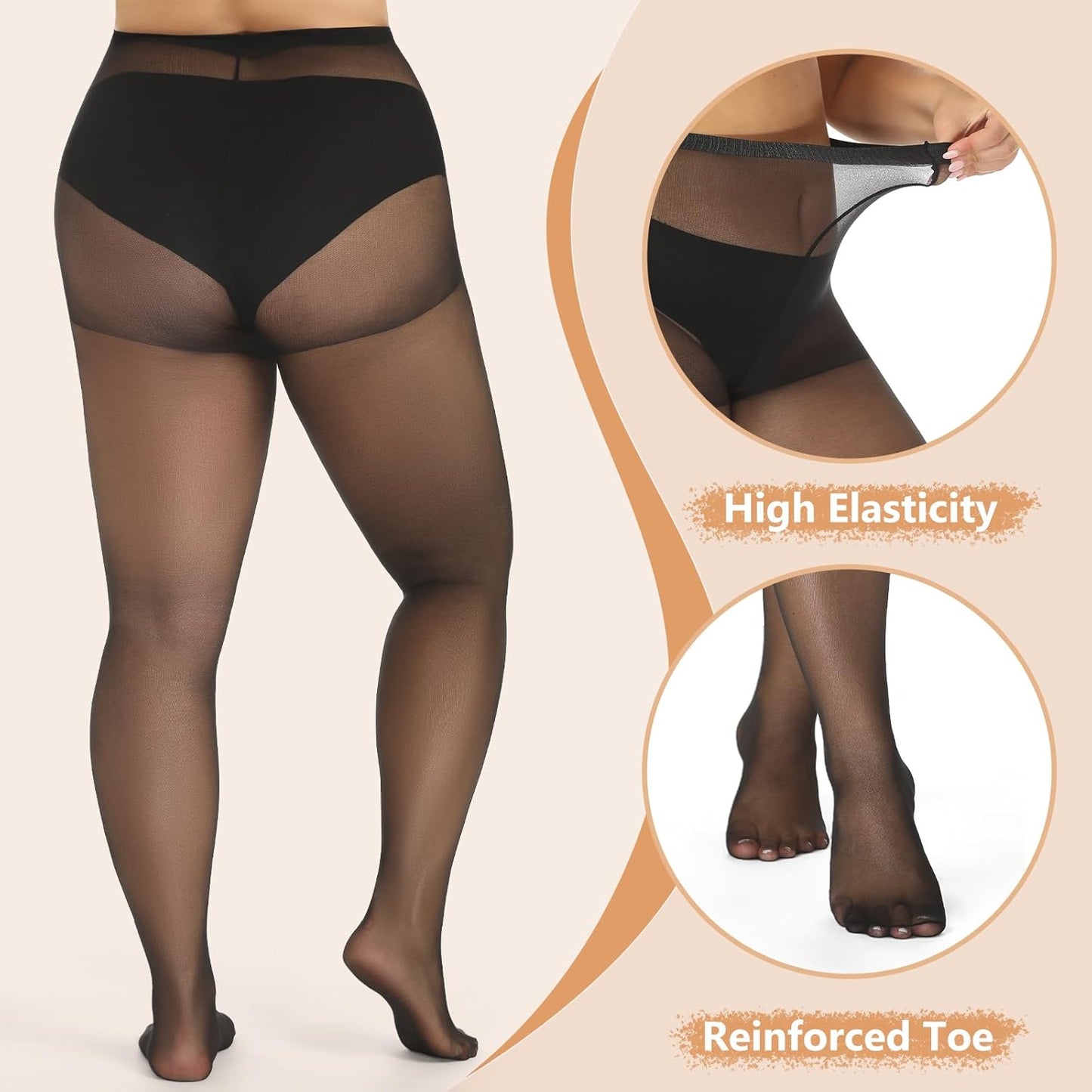 MANZI Women's Plus Size Pantyhose 4 Pairs Sheer Nylon Tights
