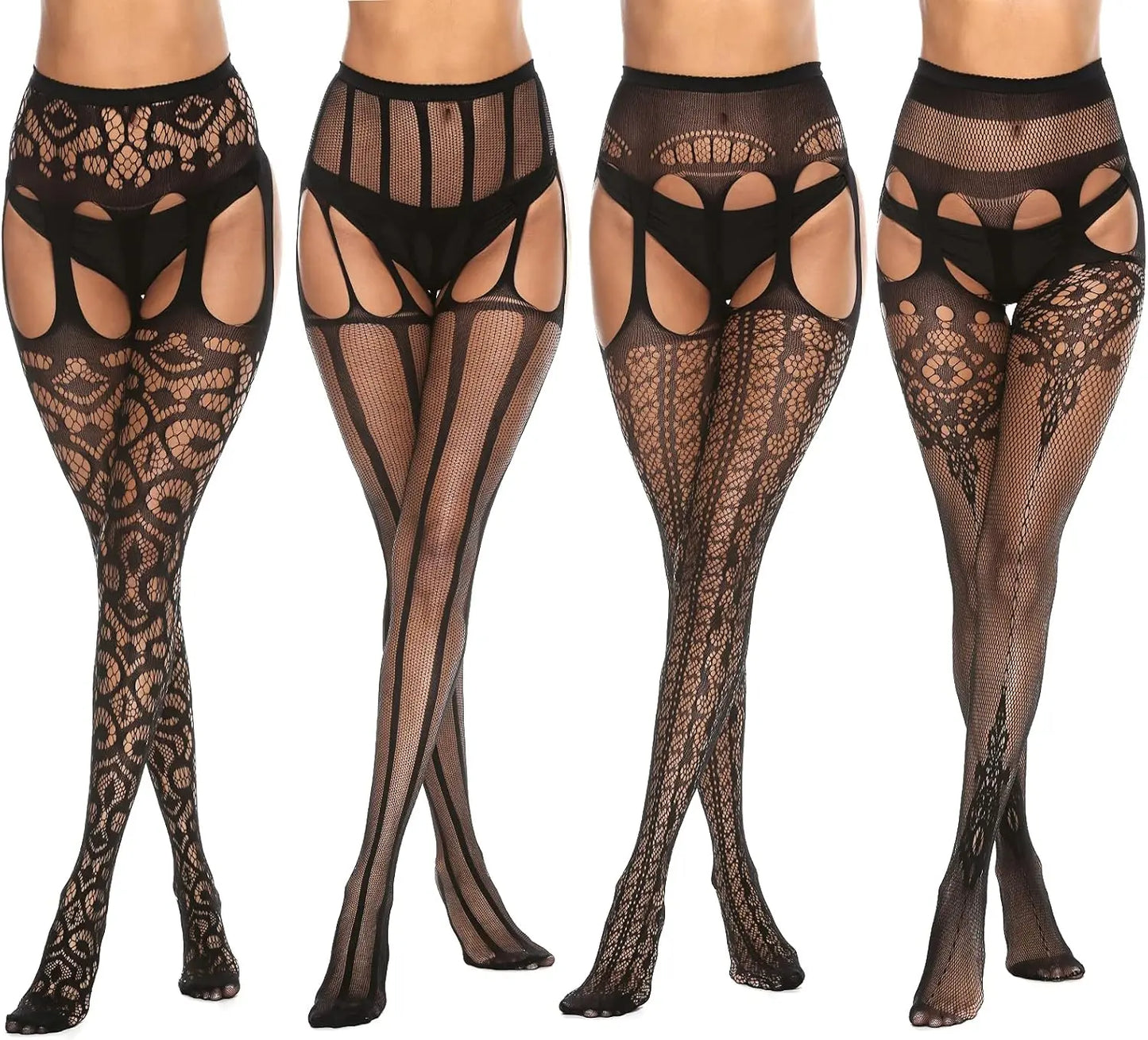 MANZI 4 Pairs Womens Patterned Black Fishnet Stockings My Store
