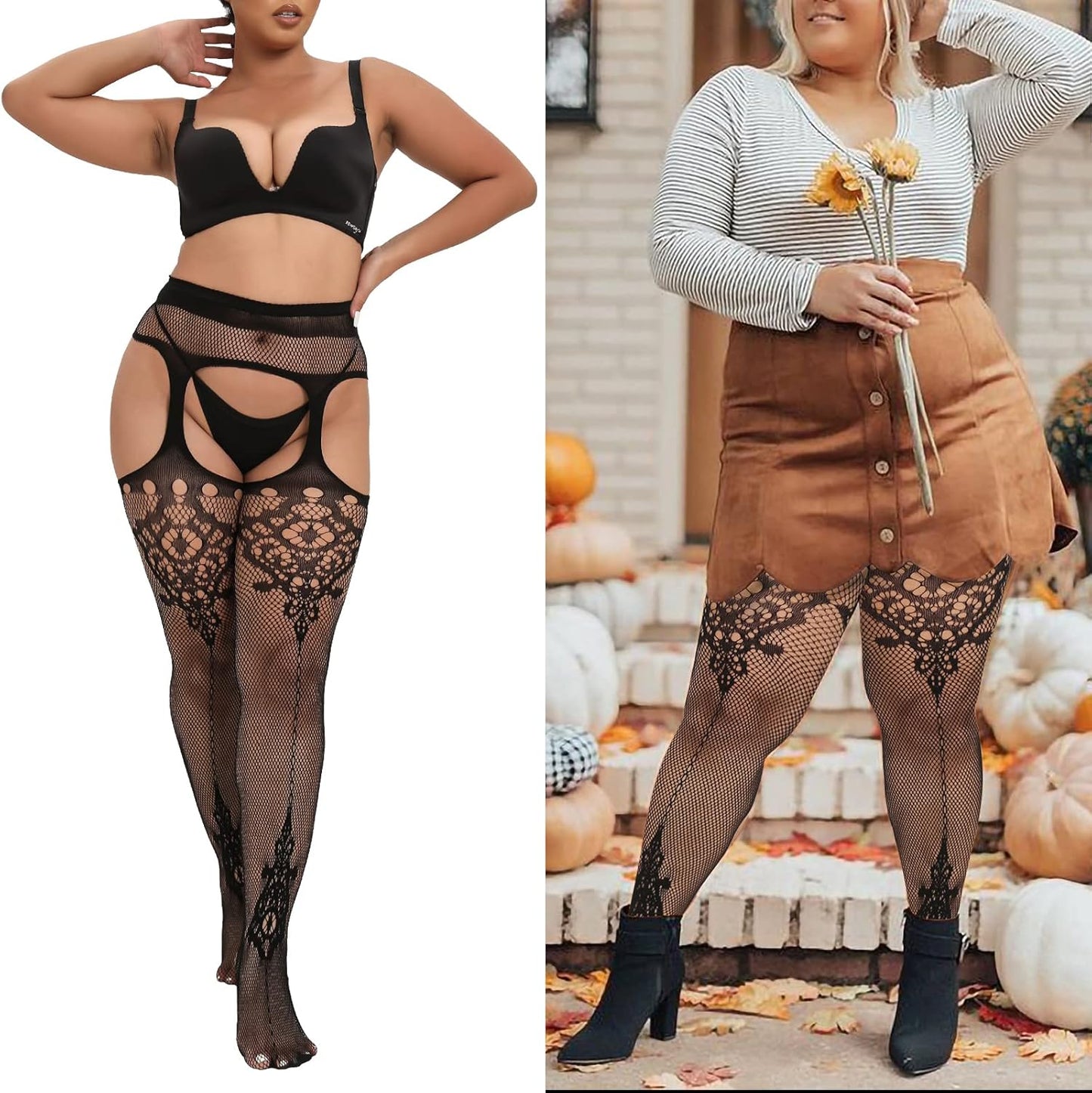 MANZI Plus Size Thigh High Stockings Womens Suspender