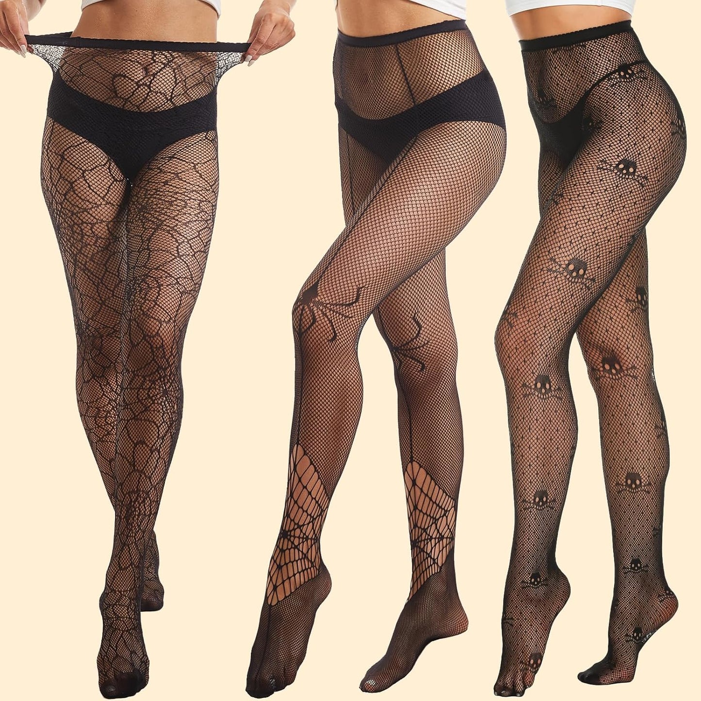 MANZI 3 Pairs Halloween Fishnet Tights