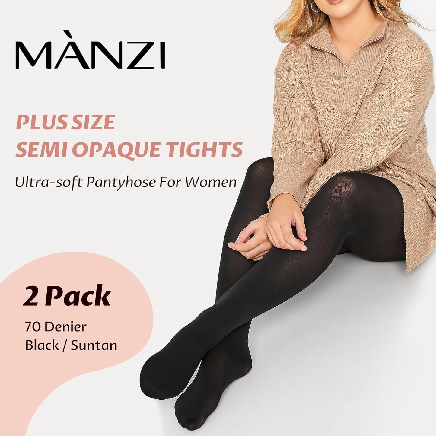 MANZI Plus Size Opaque Control Top Tights for Women