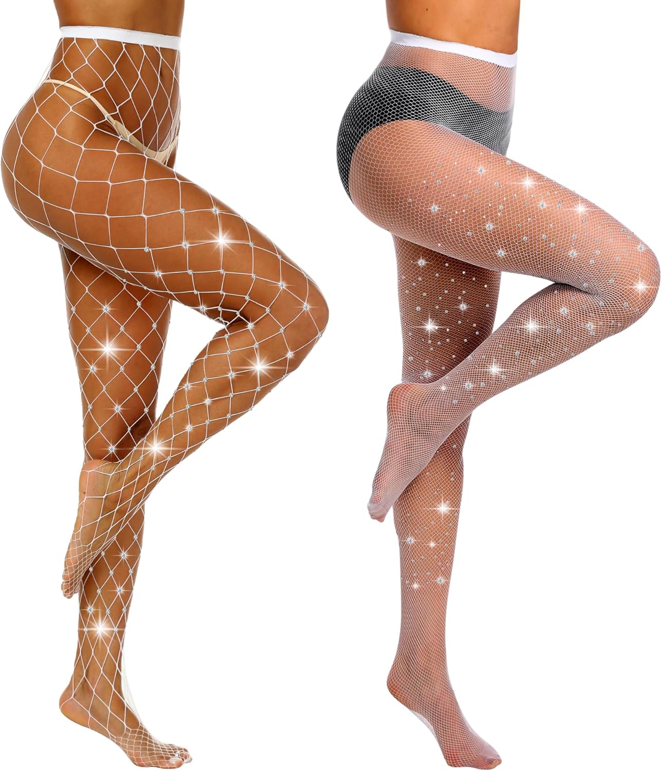 MANZI 2 Pairs Rhinestone Fishnet Tights