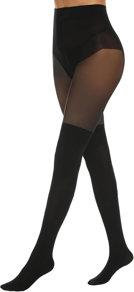MANZI Womens Faux Thigh High Stockings Black Opaque Tights