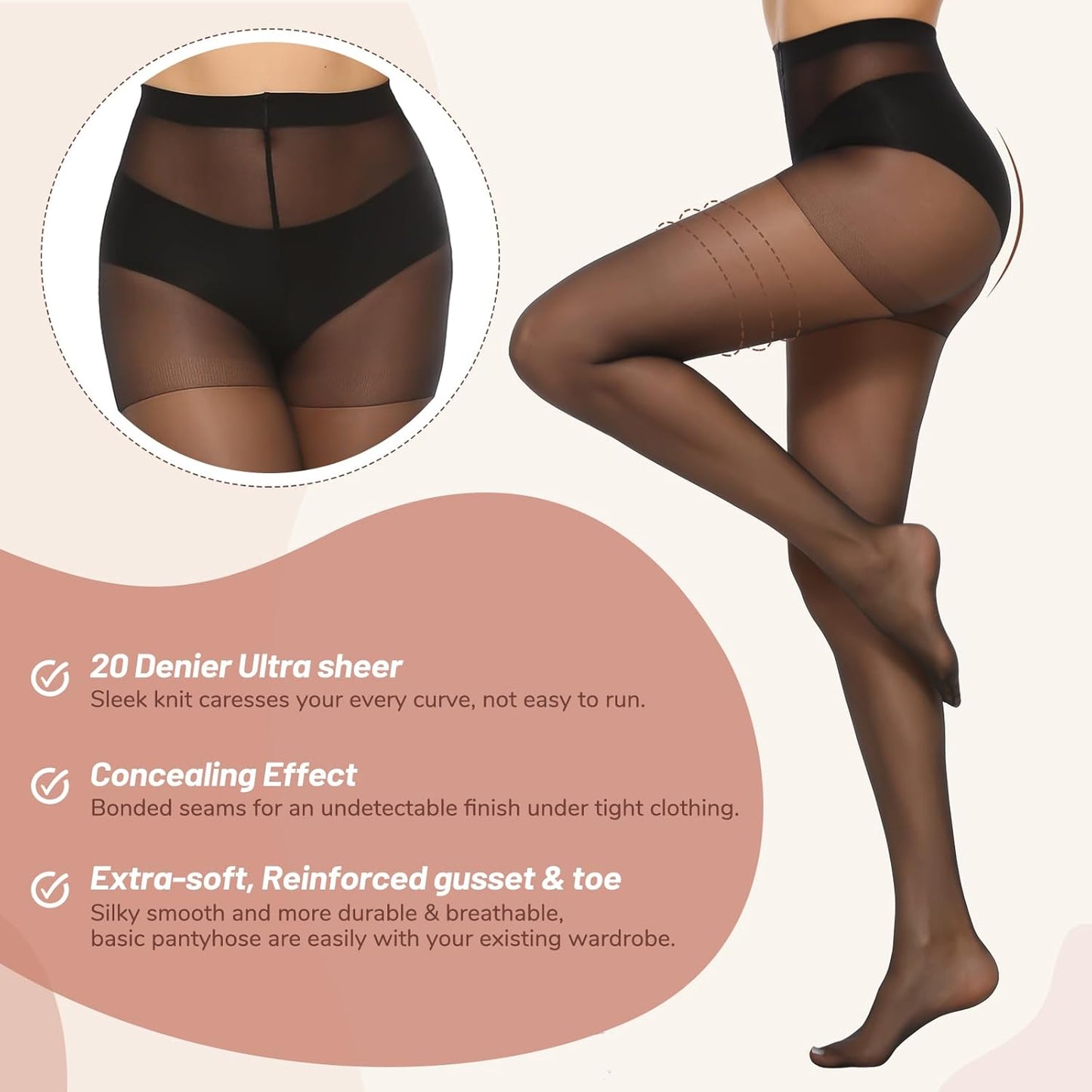 MANZI 6 Pairs Women's 20D Sheer Silky Pantyhose