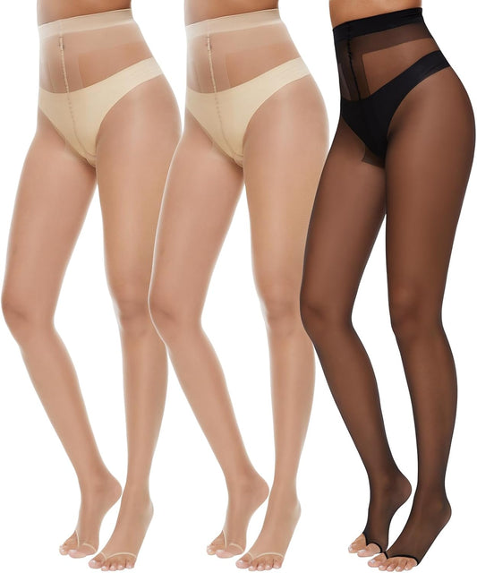 MANZI 3 Pairs Toeless Pantyhose Tights for Women Ultra Thin 10D Toe Open Control Top Pantyhose