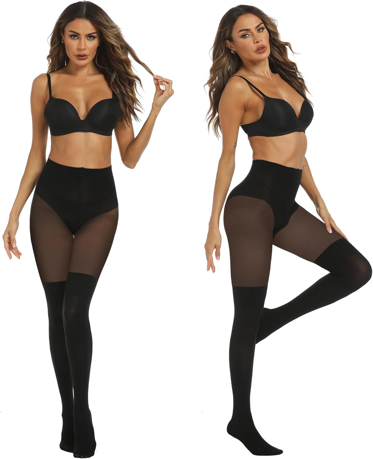 MANZI Womens Faux Thigh High Stockings Black Opaque Tights