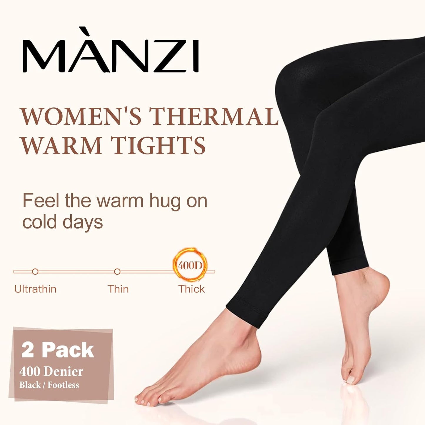 MANZI Women's 2 Pairs Tights Footless 400 Denier