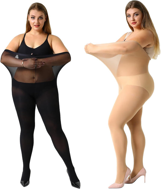 MANZI Women's 2 Pairs Plus Size Control Top Tights Ultra-Soft Panty Hose