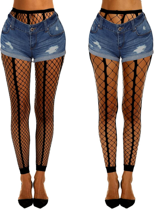MANZI Women's Footless Fishnet Stockings 2 Pairs Black