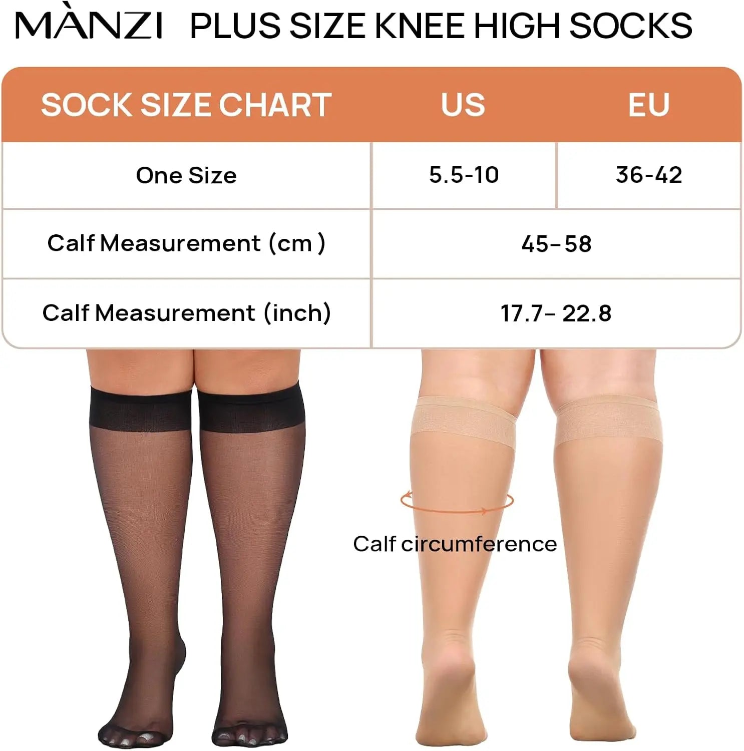 MANZI 10 Pairs Plus Size Knee High Stockings for Women 15D Manzi