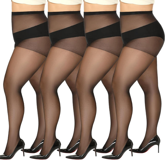 MANZI Women's Plus Size Pantyhose 4 Pairs Sheer Nylon Tights