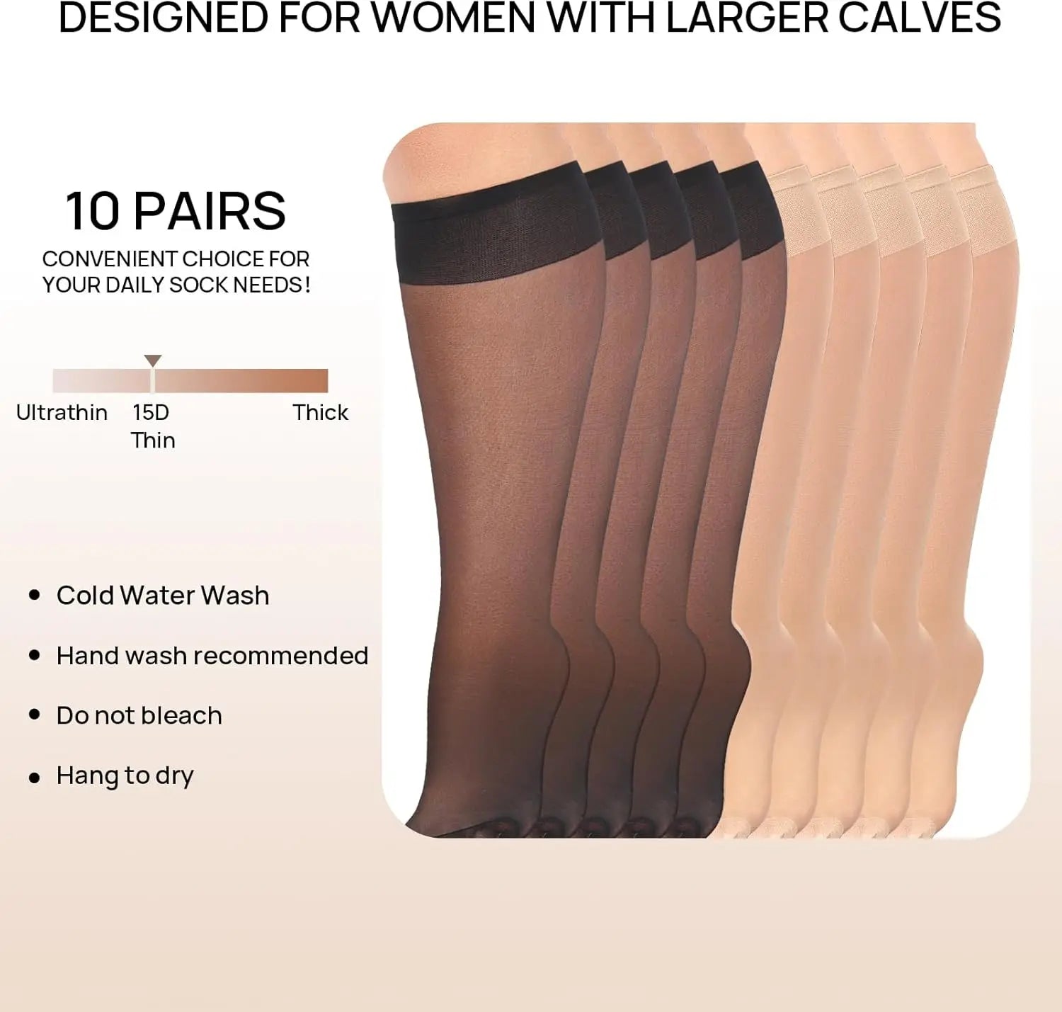 MANZI 10 Pairs Plus Size Knee High Stockings for Women 15D Manzi