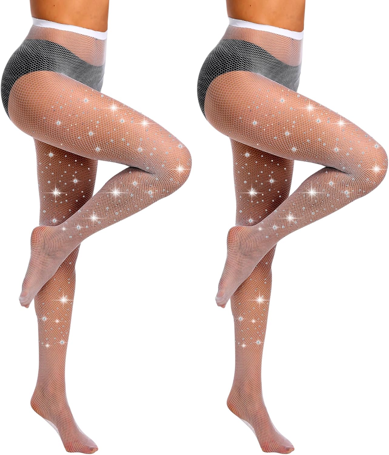 MANZI 2 Pairs Rhinestone Fishnet Tights