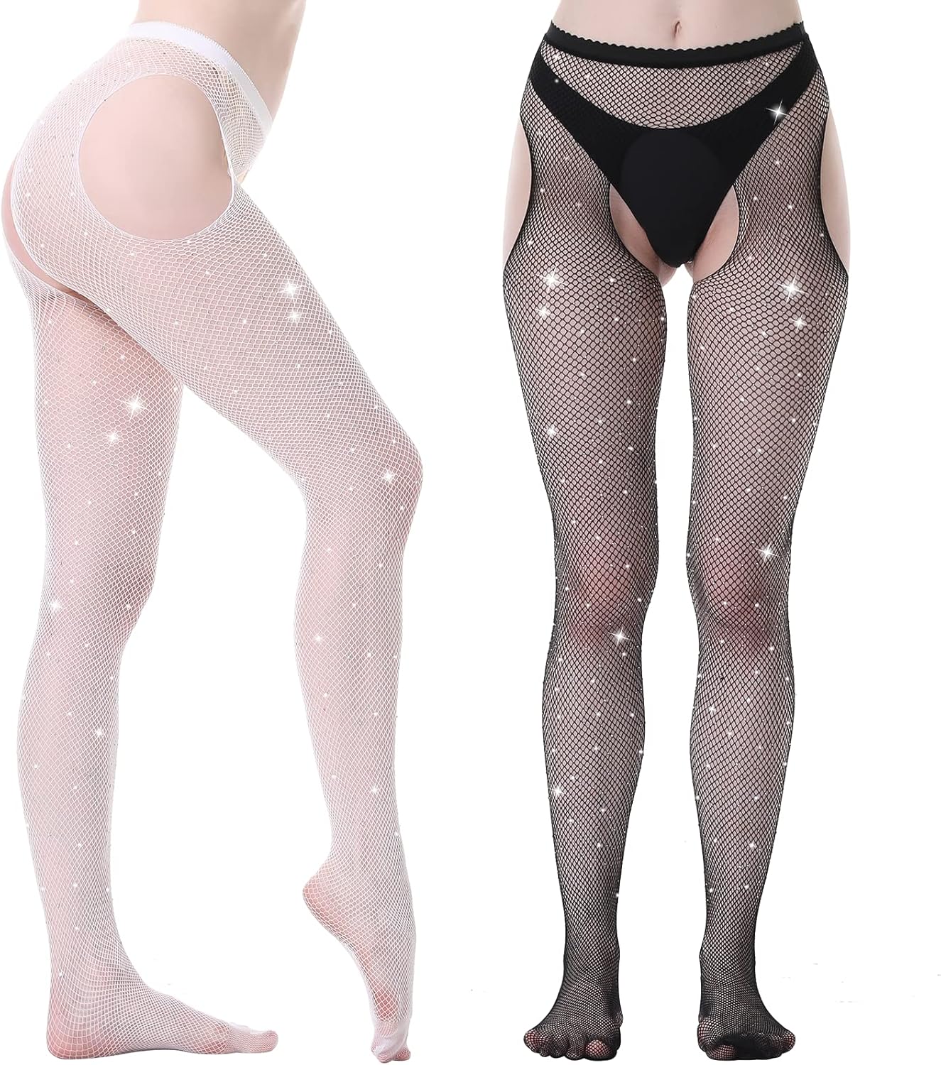 MANZI Womens Sparkle Tights Rhinestone Tights Glitter Fishnet Stockings