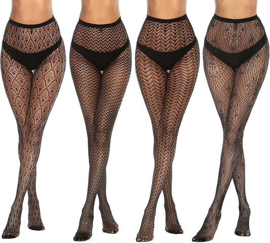 MANZI 4 Pairs Womens Patterned Black Fishnet Stockings