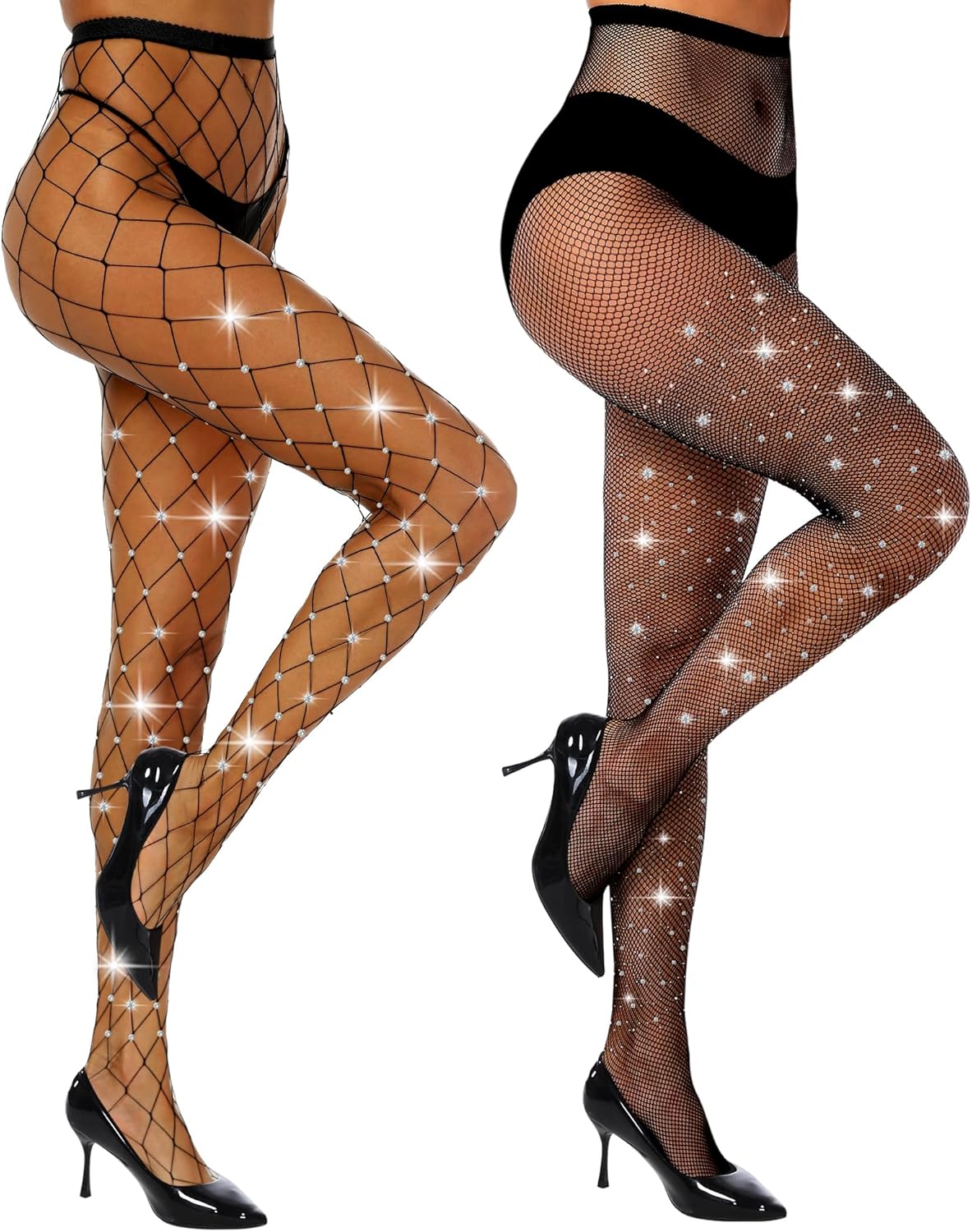 MANZI 2 Pairs Rhinestone Fishnet Tights